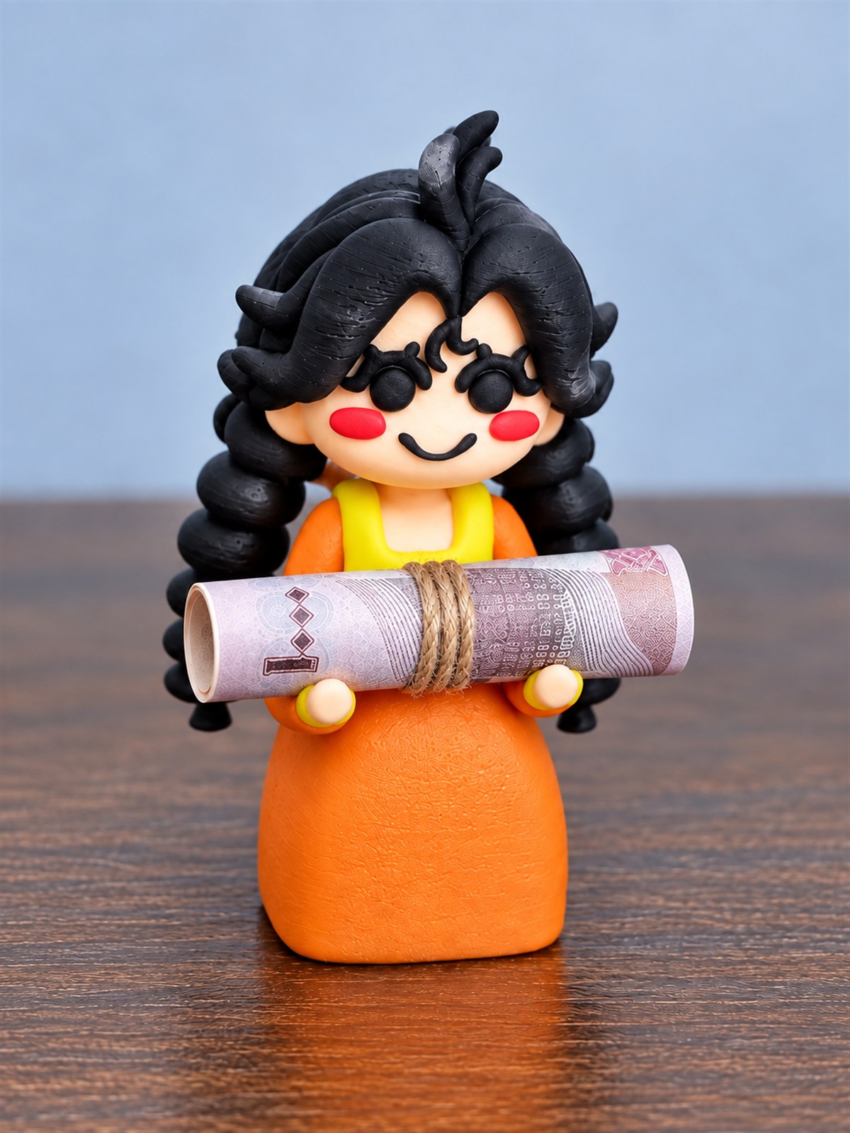 Custom character figurine holding a rolled UAE banknote as an Eid Al Adha giveaway