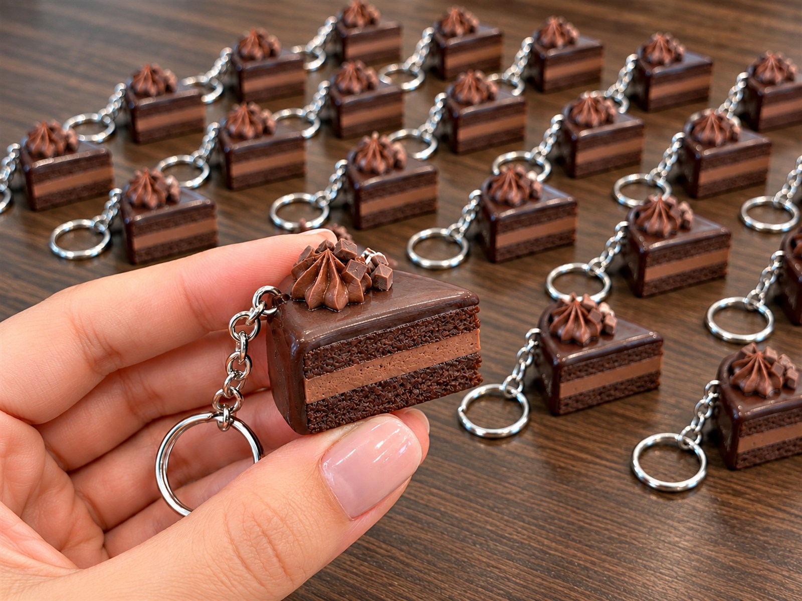 Miniature chocolate cake keychains produced for a new restaurant opening giveaway