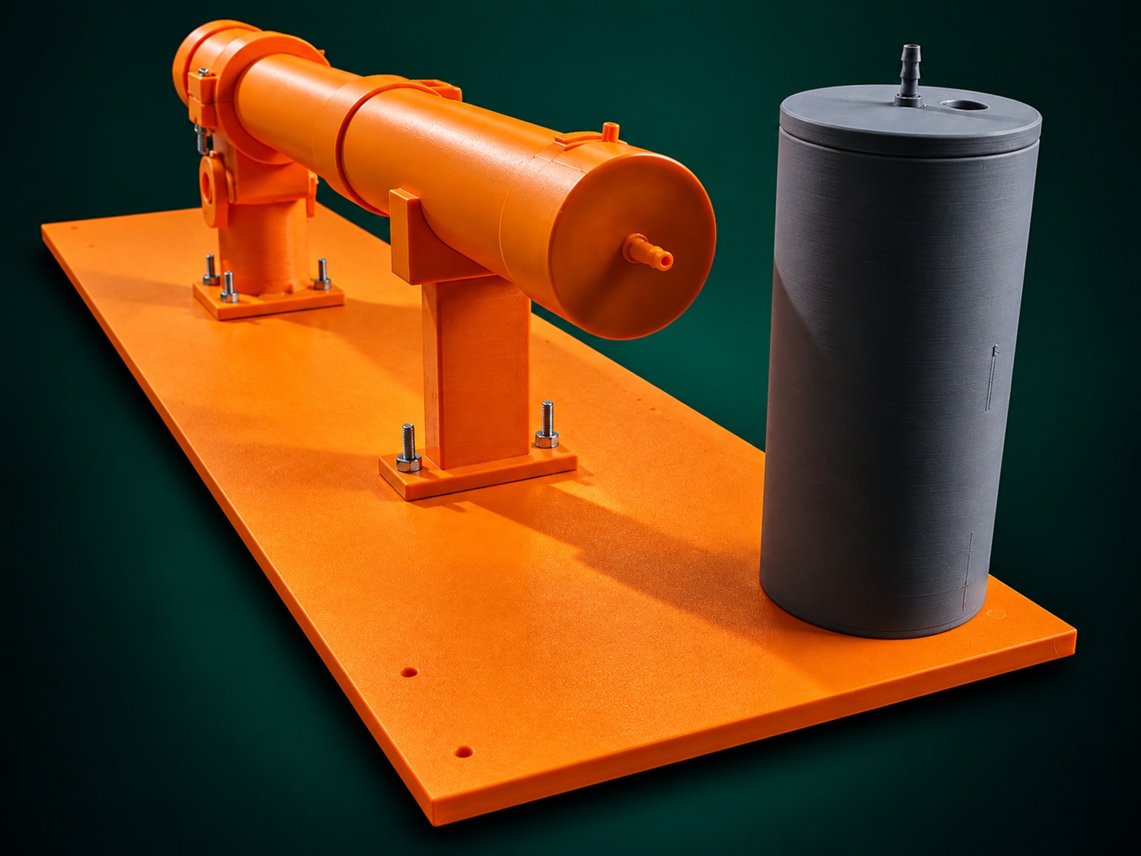 Reverse angle of a PLA engineering pipeline model showing supports and mechanical components